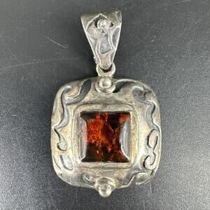 Silpada Sterling Silver Pendant Oxidized Etched Scroll Square Amber S0908